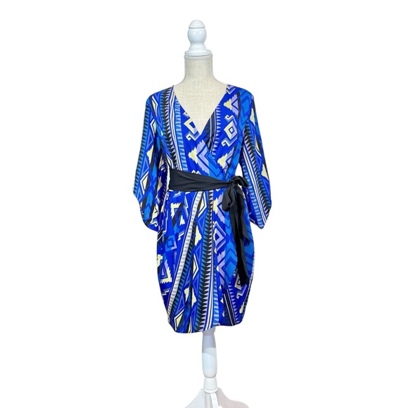 Yumi Kim Dresses & Skirts - Yumi Kim Blue 9 to 5 Geometric Aztec Belted Faux Wrap Dress Tulip Womens Size LG